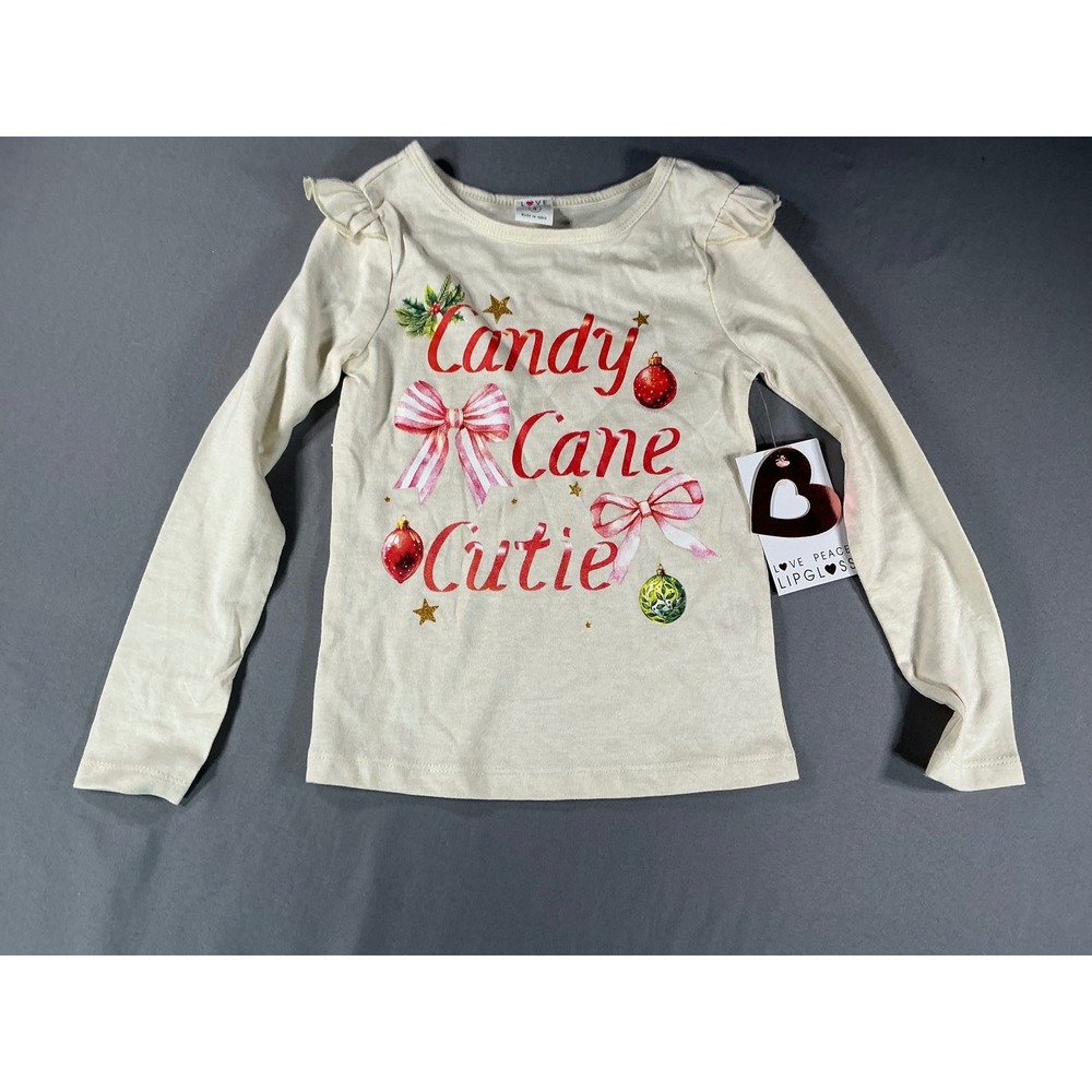 NWT Love Peace Lipgloss Girls Candy Cane Cutie Christmas Tee Size 4